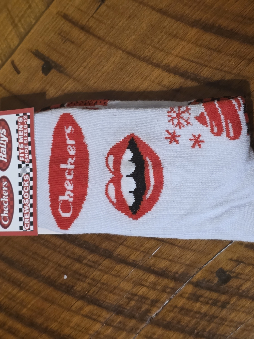 White Crew Socks with Red Lip & Checkers Logo